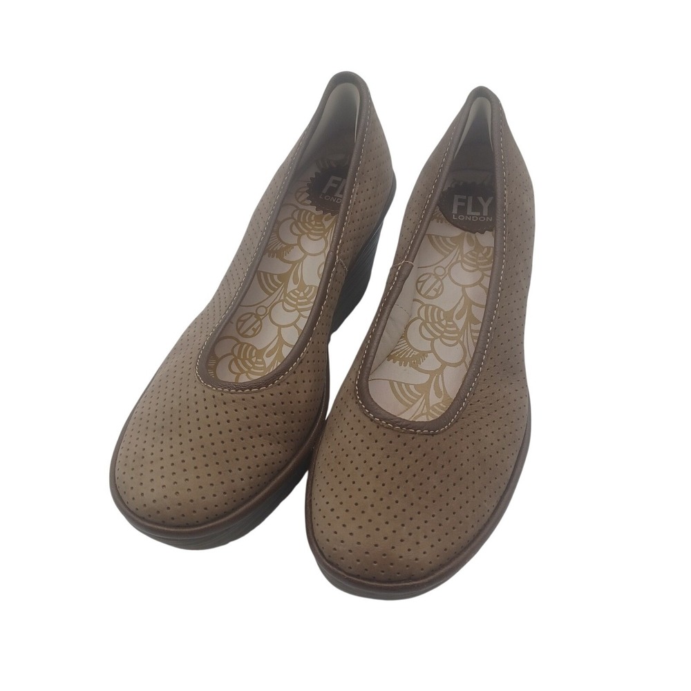 Fly London Wedge Pumps Womens 8.5 Brown Good Perforated Leather Platform